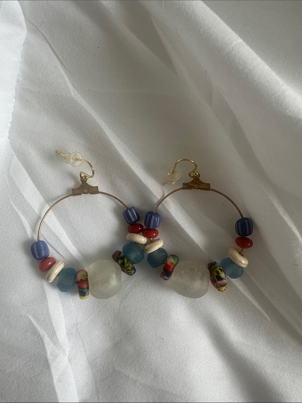 Gold Hoop Earrings with Blue, Red & White Beads